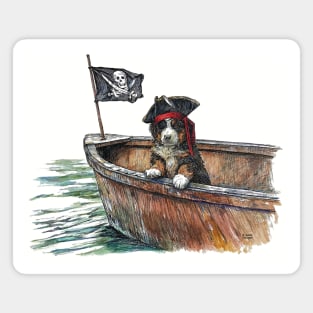 Little Berner Puppy Dog Pirate in Boat with Jolly Roger Flag Magnet